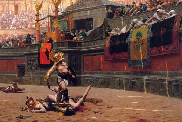 The crowd decides the fate of a wounded gladiator at the games