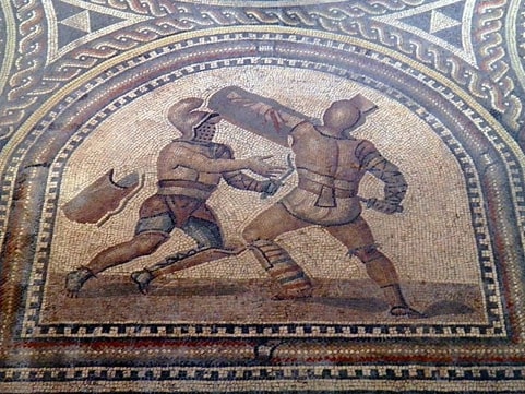 Gladiator mosaic of Thraex fighting Murmillo