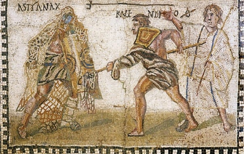 Mosaic of gladiators - a retiarius nets a secutor
